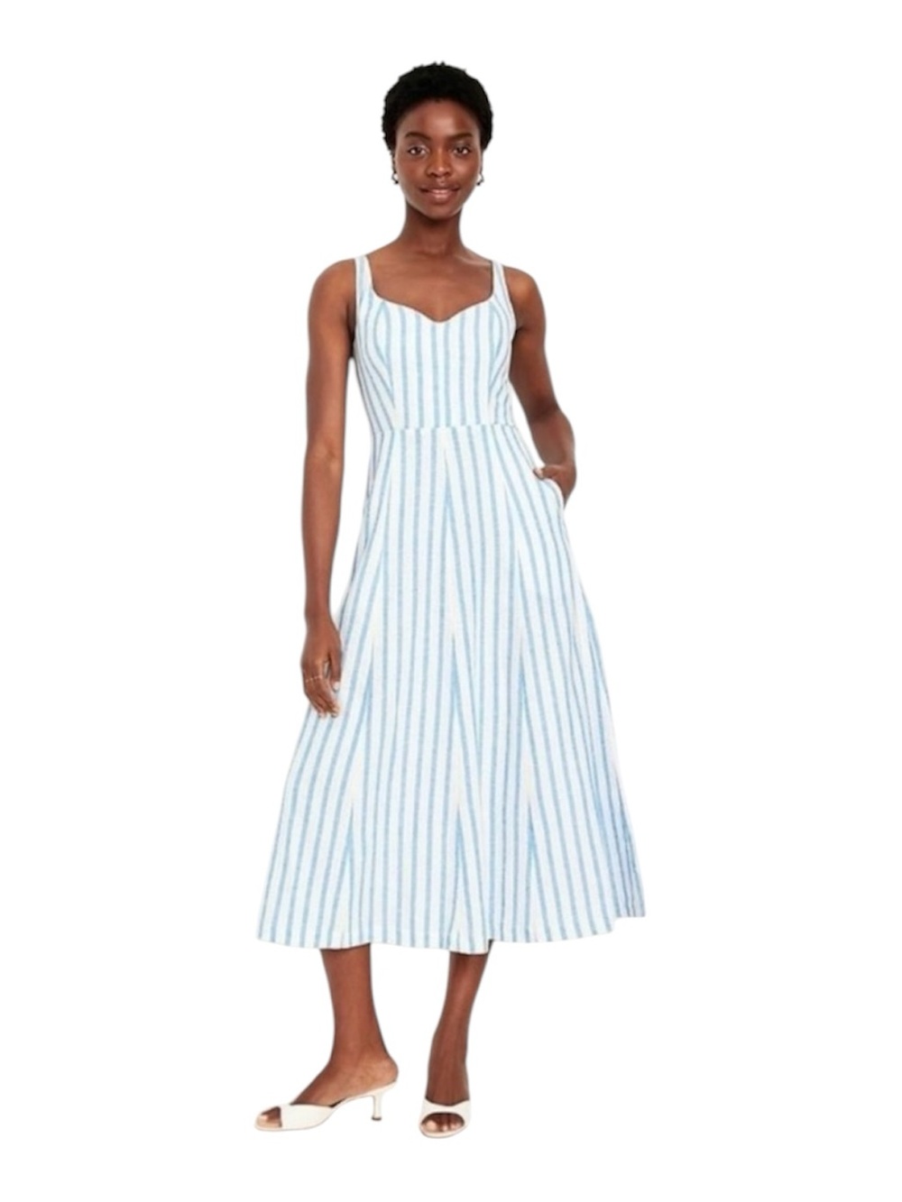 LIKE NEW - Old Navy Linen Blend Midi Dress - Size Large, Blue & White Stripe